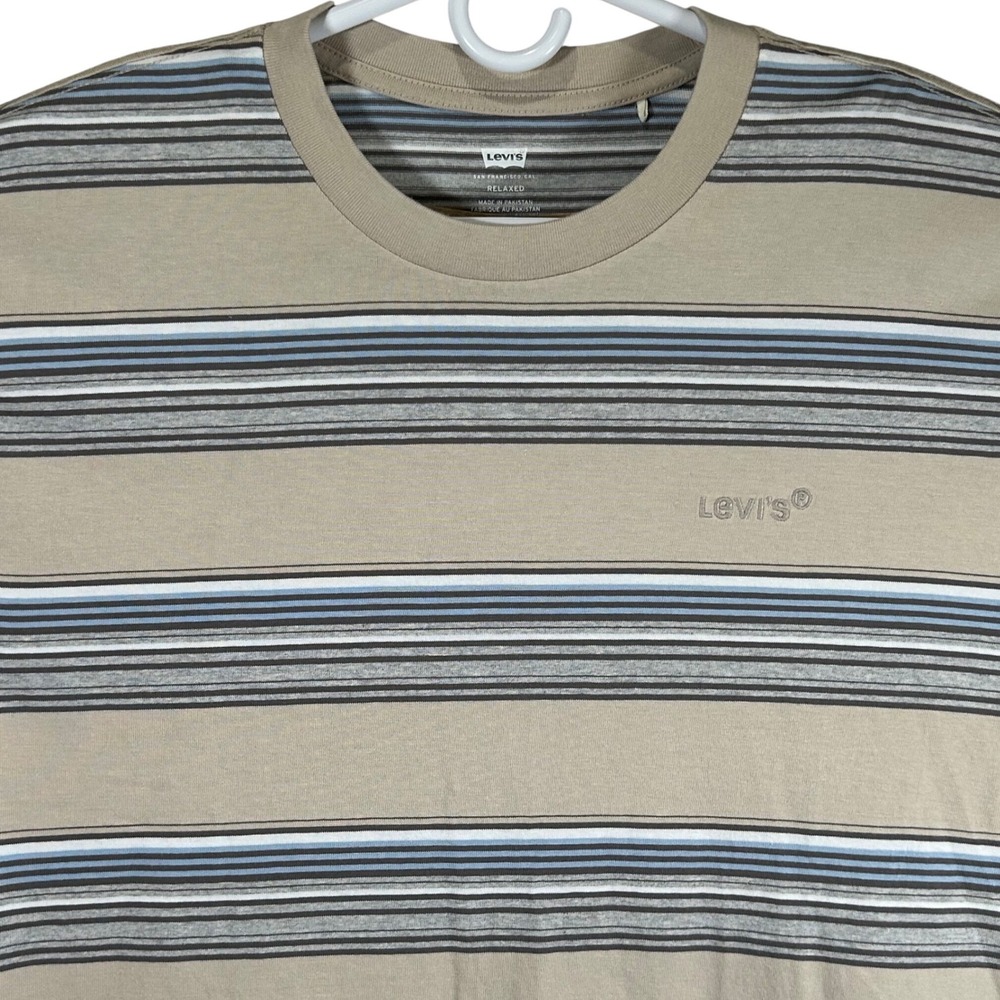 Levis Mens Relaxed Fit Long Sleeve Striped T-Shirt Tan Grey Blue Size Large
